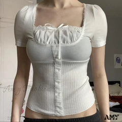 Vintage Preppy Cute Lace Trim Bow Short Sleeve Fairy Cottage Crop Top