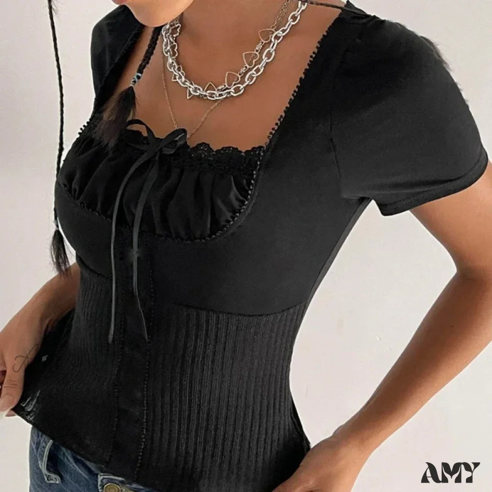 Vintage Preppy Cute Lace Trim Bow Short Sleeve Fairy Cottage Crop Top Black / S
