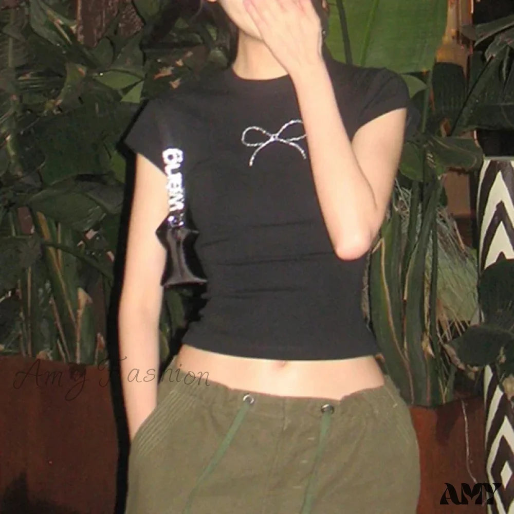 Vintage Rhinestone Bow Tie Punk Y2K Harajuku O-Neck White Goth Fashion Crop Top