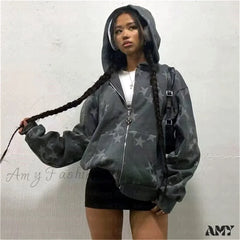 Vintage Star Graphic Jacket Y2K Oversized Long Sleeve Streetwear Harajuku Print Pocket Zipper