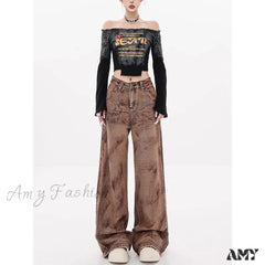 Vintage Washed Baggy Y2K Streetwear High Waist Korean 2024 Jeans Brown / S