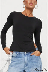 Waist-Tie Solid Color Crew Neck Long-Sleeve Cropped Knit Top