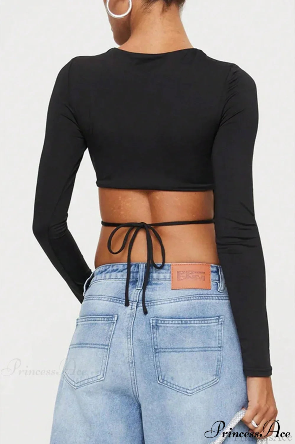 Waist-Tie Solid Color Crew Neck Long-Sleeve Cropped Knit Top