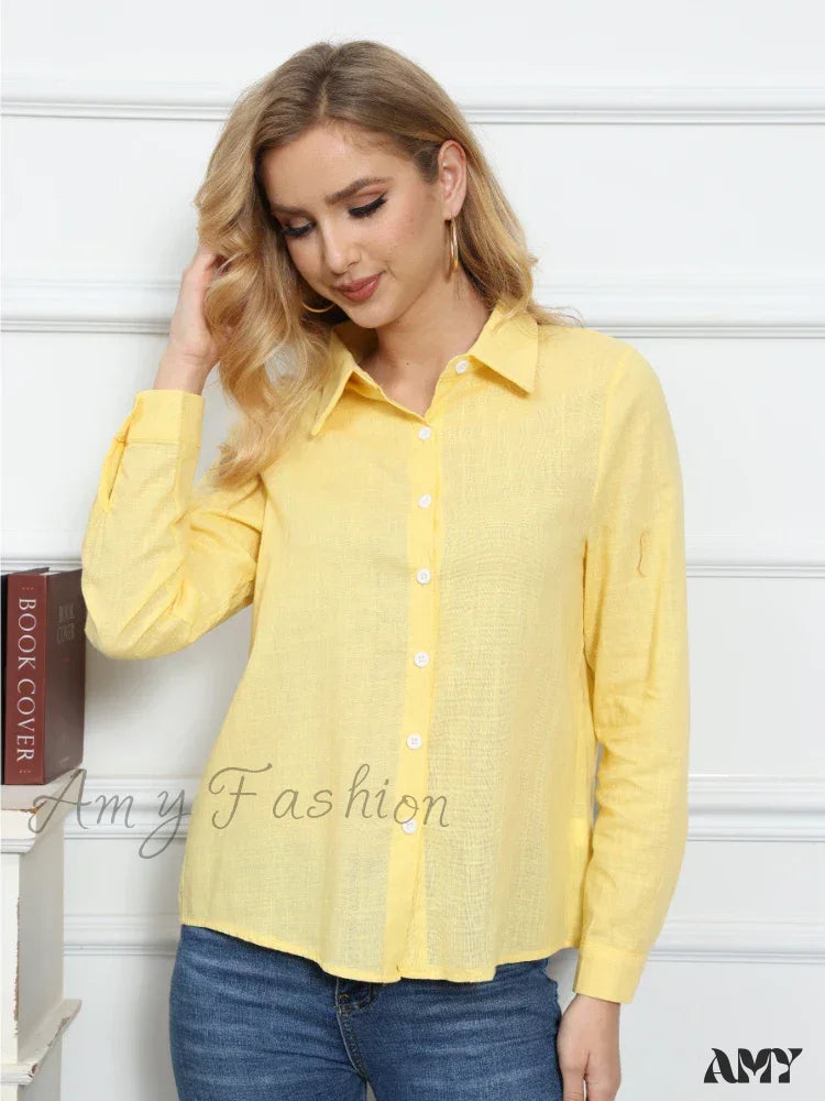 White Yellow Lapel Cardigan Oversized Shirt Blouse