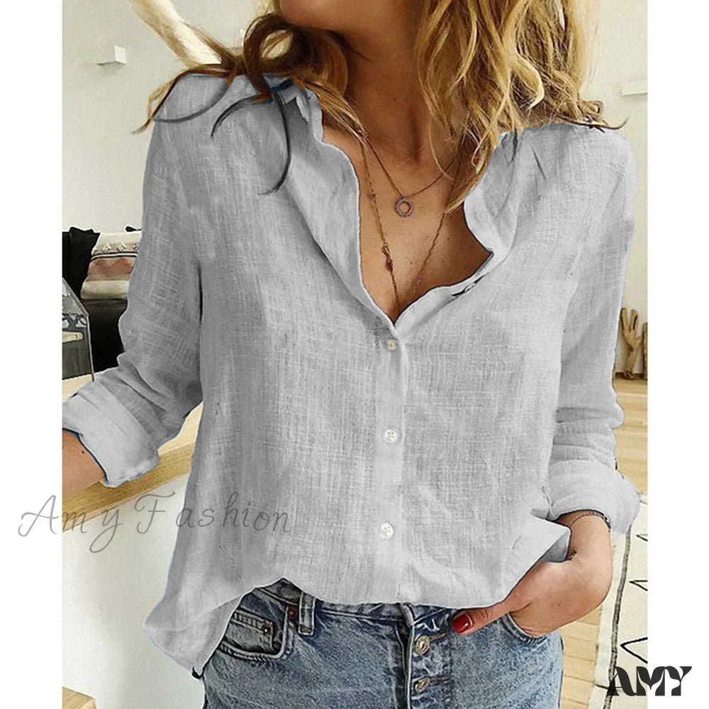 White Yellow Lapel Cardigan Oversized Shirt Blouse Gray / S