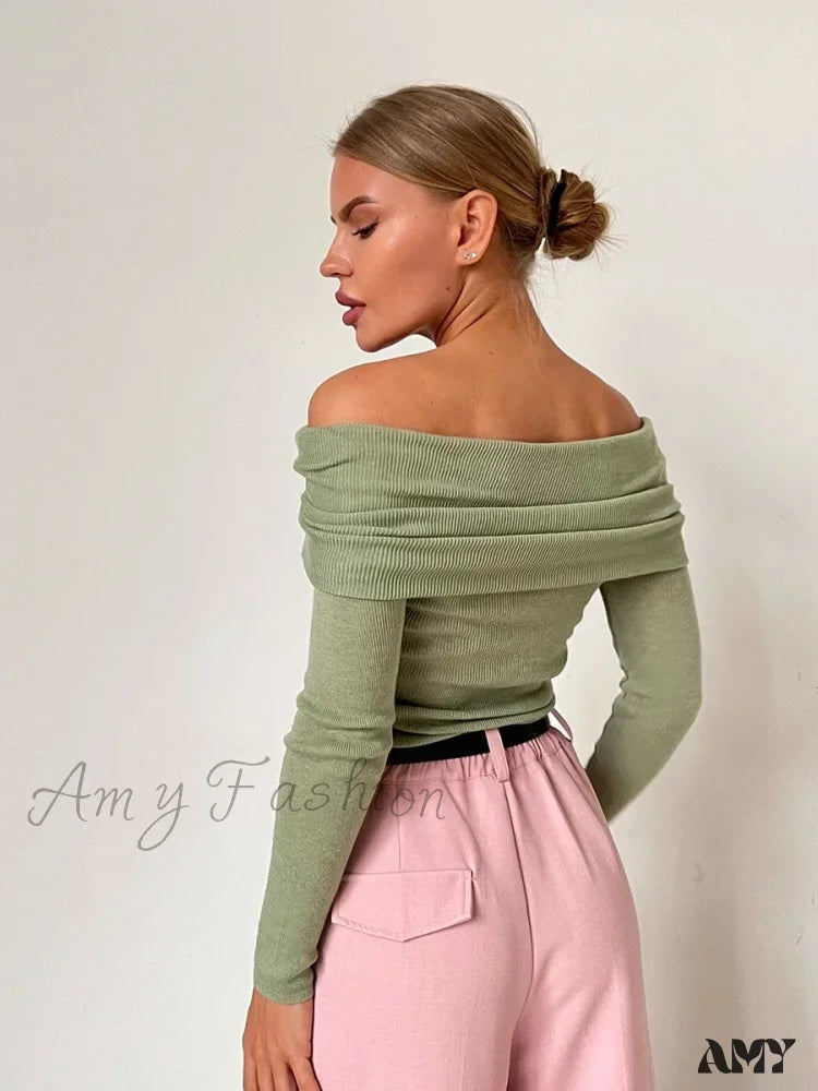 Wolfeel Women Knitted Wool T-Shirt Slim Fit Long Sleeve Off Shoulder Sweater