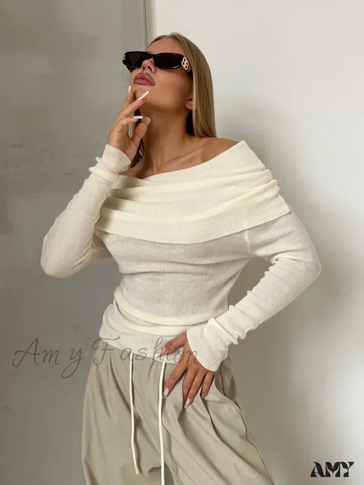 Wolfeel Women Knitted Wool T-Shirt Slim Fit Long Sleeve Off Shoulder Sweater Creamy-White / S