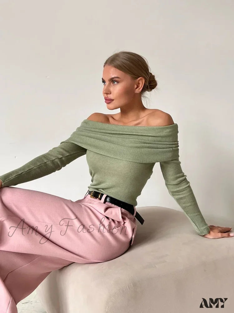 Wolfeel Women Knitted Wool T-Shirt Slim Fit Long Sleeve Off Shoulder Sweater Light Green / S