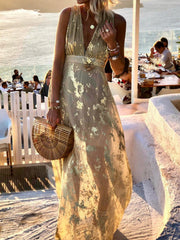 Robe maxi imprimée à col V et marquage à chaud