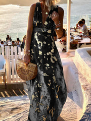 Robe maxi imprimée à col V et marquage à chaud