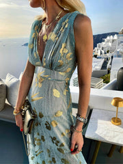 Robe maxi imprimée à col V et marquage à chaud