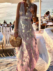Robe maxi imprimée à col V et marquage à chaud