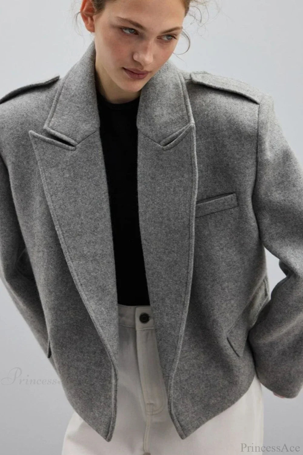 Wool Blend Notched Lapel Epaulette Coat Grey / S