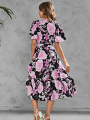 Robe imprimée à lacets et manches courtes 