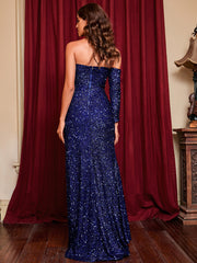 Robe de soirée fendue sans bretelles à sequins 