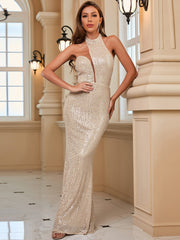 Robe de soirée élégante à sequins et col montant 