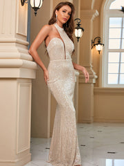 Robe de soirée élégante à sequins et col montant 