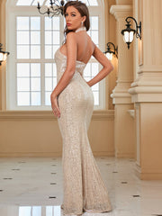 Robe de soirée élégante à sequins et col montant 