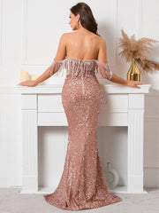 Robe de soirée bustier à sequins asymétrique 