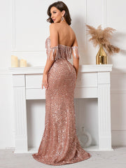 Robe de soirée bustier à sequins asymétrique 