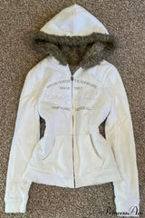 Y2K Solid Fleece Embroidered Letter Zip Hoodie White / S