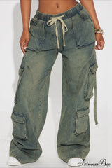 Y2K Street Hip-Hop Denim Cargo Pants Sea Blue / S