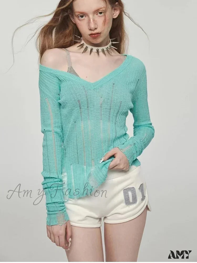 Y2K Women Knit Hollow Out V Neck Pullovers See Through Stylish Harajuku Korean Fashion Autumn Gyaru