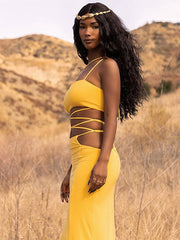 Ensemble jupe longue asymétrique sans manches à lacets, couleur unie 