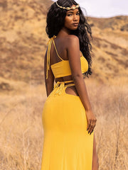 Ensemble jupe longue asymétrique sans manches à lacets, couleur unie 